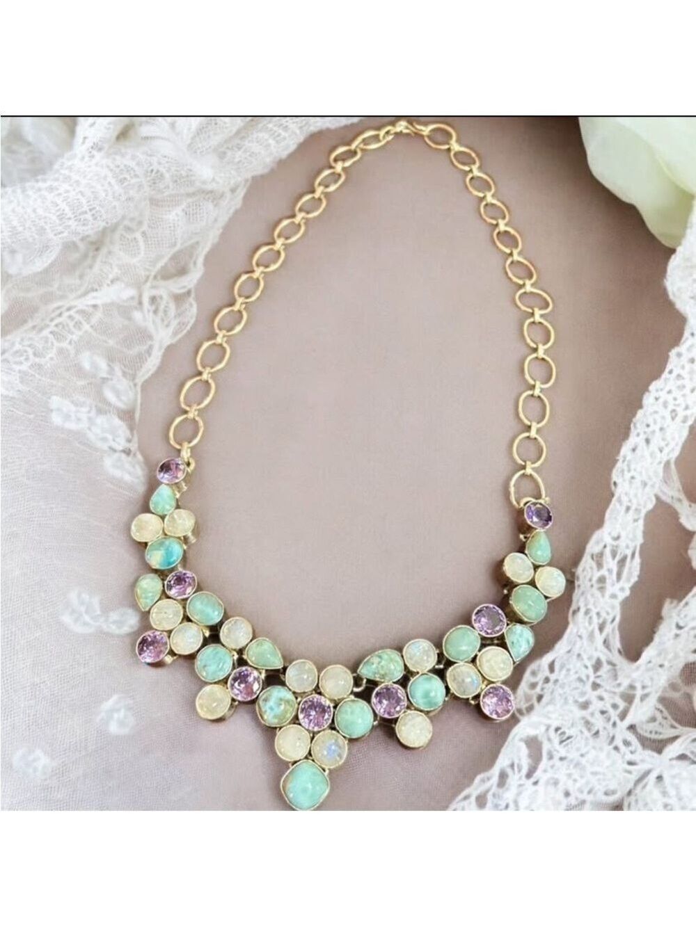 VINTAGE Larimar Rainbow Moonstone & Faux Amethyst 925 Silver Bib Necklace Women